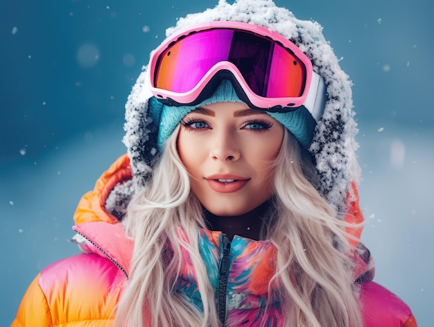 Foto foto einer lächelnden, glücklichen snowboarderin, die eine schutzbrille, eine maske, eine skimütze und eine gepolsterte jacke trägt