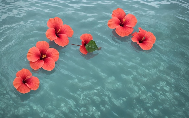 Foto einer lebendigen Gruppe roter Blumen, die auf ruhigem Wasser schwimmen