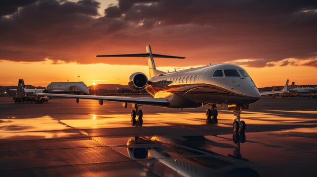 Foto einer luxuriösen Privat-VIP-Business-Jet-Makrolinse mit Sonnenuntergangsbeleuchtung