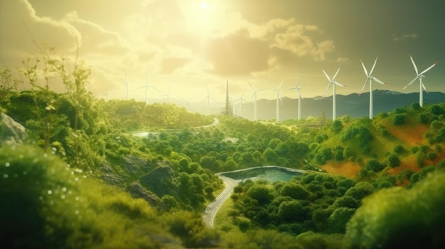 Foto einer malerischen Landschaft mit majestätischen Windmühlen in der Ferne