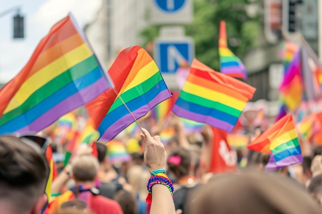 Foto einer Menschenmenge mit LGBTI-Regenbogenfahnen