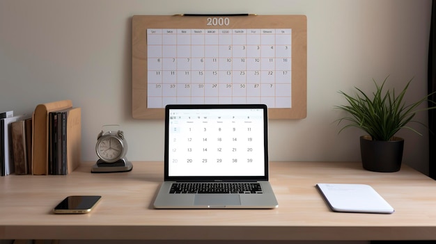 Foto einer minimalistischen Computertischkonfiguration mit einem Laptop-Monitor und einem einzelnen Tischkalender