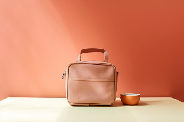 Foto einer minimalistischen Lunchtasche vor einer Wand in hellen Pastelltönen