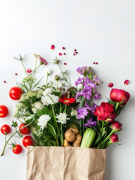 Foto einer mit frischem Gemüse und Blumen gefüllten Papiertüte auf weißem Hintergrund in den aes