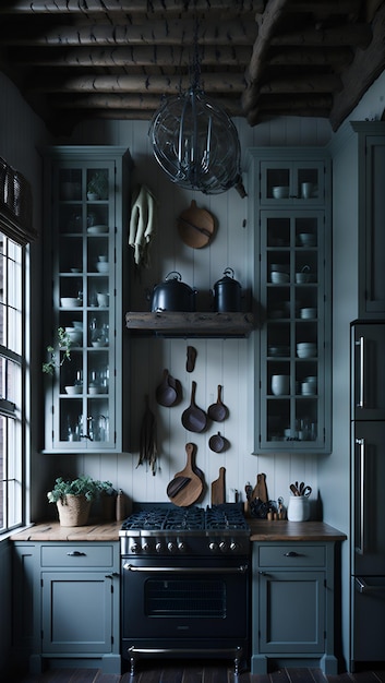 Foto einer modernen Küche mit einem eleganten Ofen und einer AI-Beleuchtung