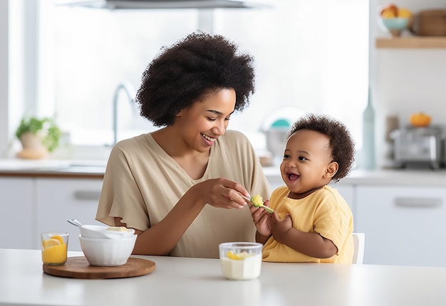 Foto einer Mutter, die ihr Baby füttert und sich gesund ernährt