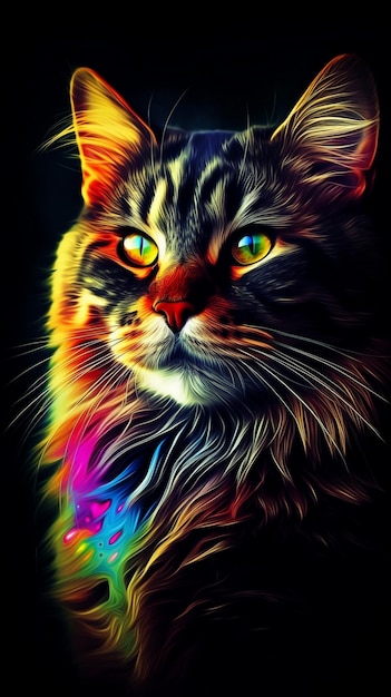 Foto einer niedlichen psychedelischen Katze in lebendigen Farben