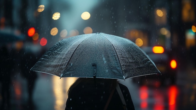 Foto einer Person, die im Regen steht und einen Regenschirm hält