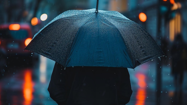 Foto einer Person, die im Regen steht und einen Regenschirm hält