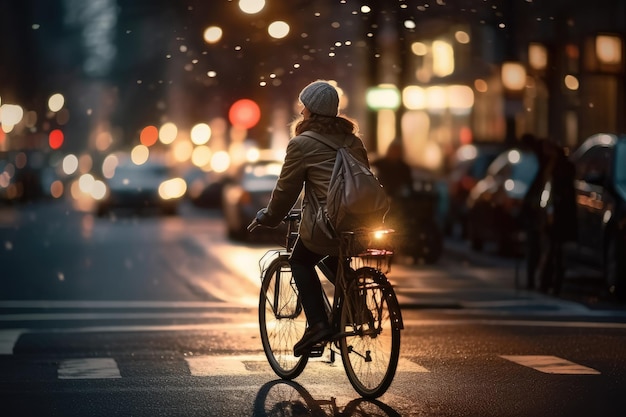 Foto einer Person, die nachts in der Stadt unter den Lichtern der Stadt Fahrrad fährt