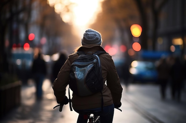 Foto einer Person, die nachts in der Stadt unter den Lichtern der Stadt Fahrrad fährt