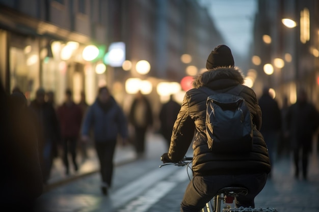 Foto einer Person, die nachts in der Stadt unter den Lichtern der Stadt Fahrrad fährt
