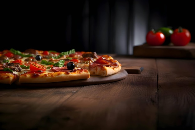 Foto einer Pizza auf einem Holzbrett und Tischseitenansicht auf schwarzem Hintergrund