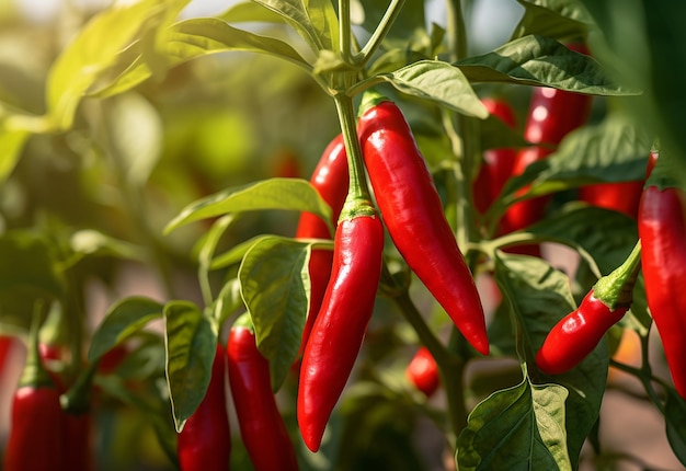 Foto einer roten Chili-Pflanze mit roter, reifer Chili-Chili-Landwirtschaftsplantage