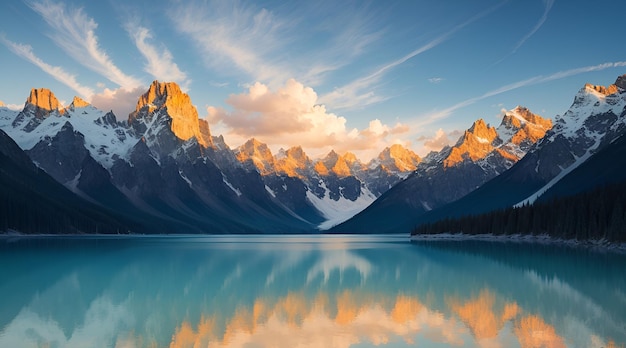 Foto einer ruhigen Bergkette, die sich im kristallklaren Wasser eines ruhigen Sees spiegelt