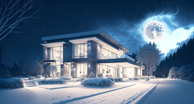 Foto einer ruhigen Nachtszene mit Vollmond, der ein gemütliches Haus beleuchtet