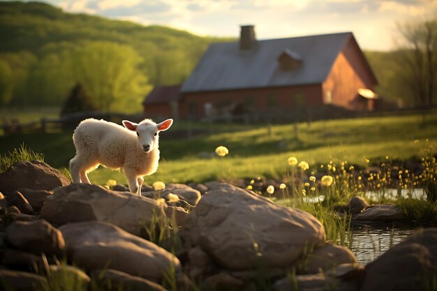 Foto einer rustikalen Farm mit neugeborenen Tieren im Frühling