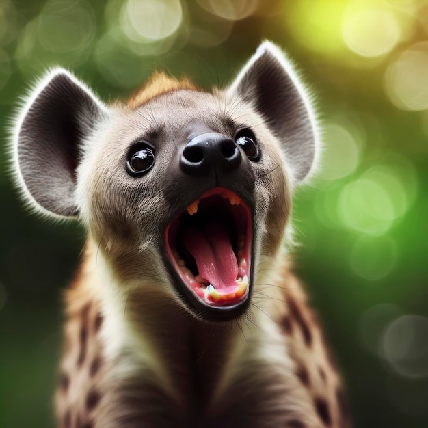 Foto einer schockierten echten Hyäne in der Natur bokeh Hintergrund ai generative