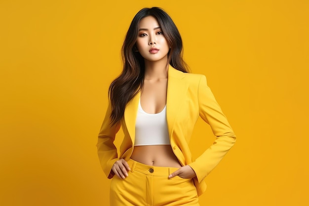 Foto einer schönen asiatischen Frau mit glatter Haut auf gelbem Hintergrund. Generative KI