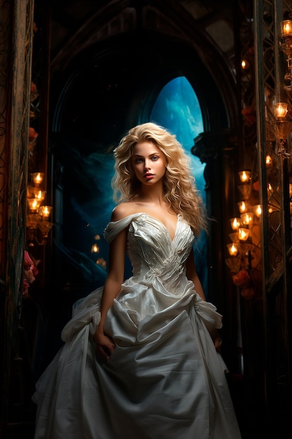 Foto einer schönen blonden Frau mit blauen Augen, die ein Hochzeitskleid trägt