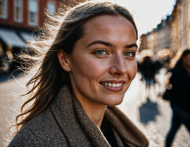 Foto foto einer schönen europäischen frau, die auf der straße spaziert und eine generative ki im retro-stil baut