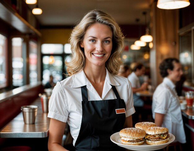 Foto einer schönen Frau als Kellnerin, die Essen in einem Retro-Restaurant serviert