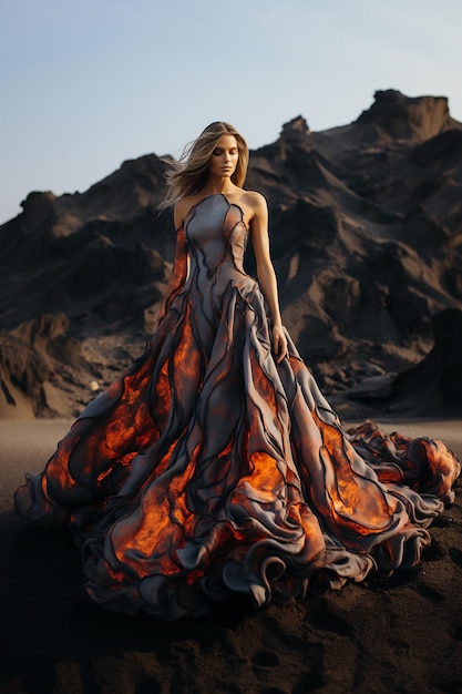 Foto einer schönen Frau aus Asche und Feuer, die ein Kleid trägt