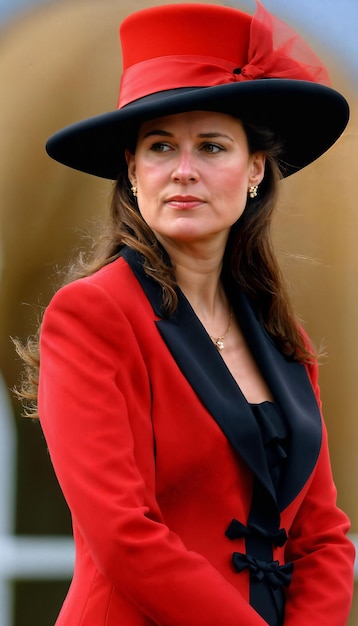 Foto einer schönen Frau aus Europa mit rotem Mantel und Hut, die im Garten steht.