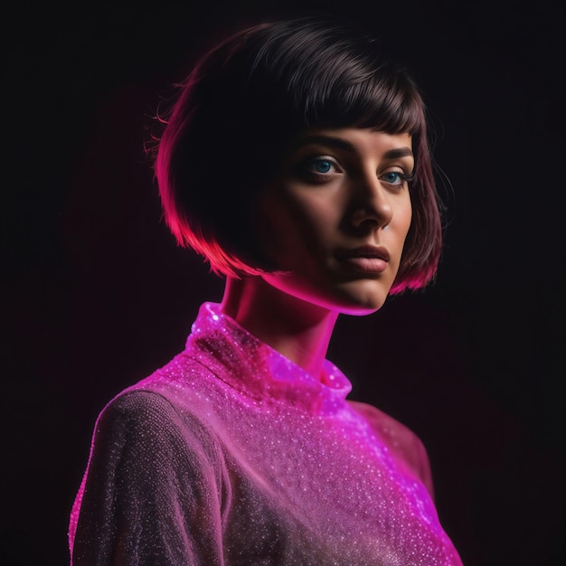 Foto einer schönen Frau mit kurzen Haaren und generativer KI mit gemischtem rosa Neonlicht