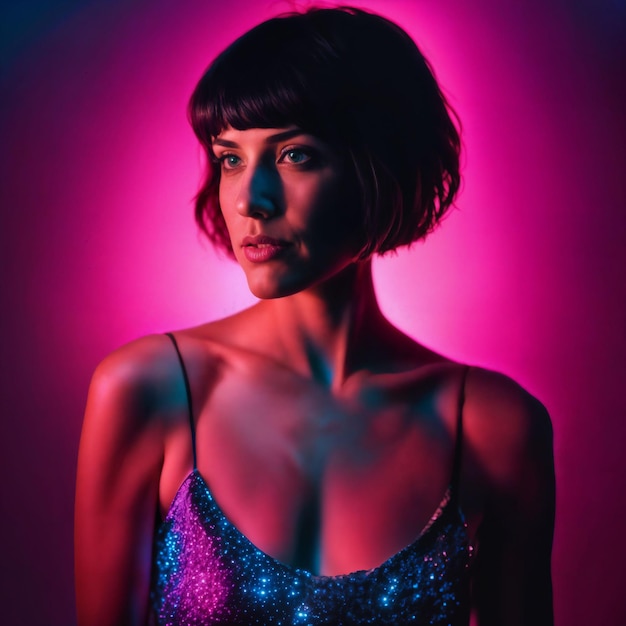 Foto einer schönen Frau mit kurzen Haaren und generativer KI mit gemischtem rosa Neonlicht