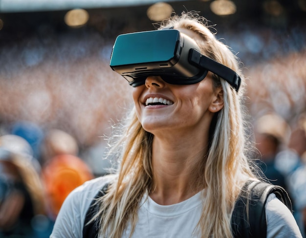 Foto einer schönen Frau mit VR-Brille in der generativen KI der Stadionsportarena