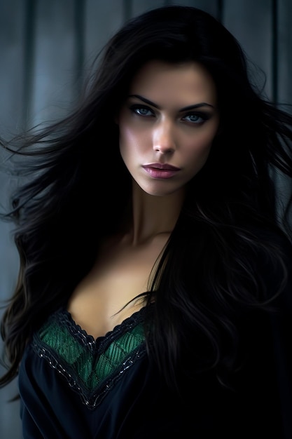 Foto einer schönen Frau mit wunderschönen dunklen Haaren