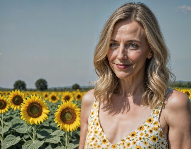 Foto foto einer schönen frau mittleren alters in print-kleidung auf dem sonnenblumenfeld generative ki