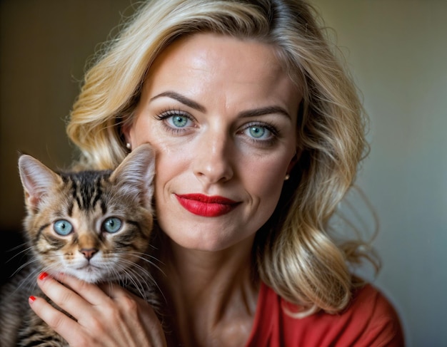 Foto einer schönen Frau mittleren Alters mit blonden Haaren, die ein Kätzchen im Zimmer hält.