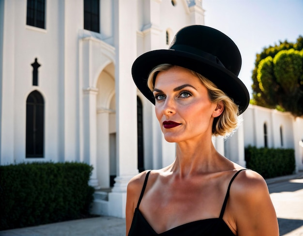 Foto einer schönen Frau mittleren Alters mit schwarzem Kleid und Hut, die vor der weißen Mauer der Kirche steht.