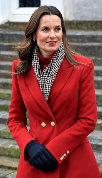 Foto einer schönen, glücklichen Frau aus Europa, eine Frau mit rotem Mantel und Schal, die im Garten steht.