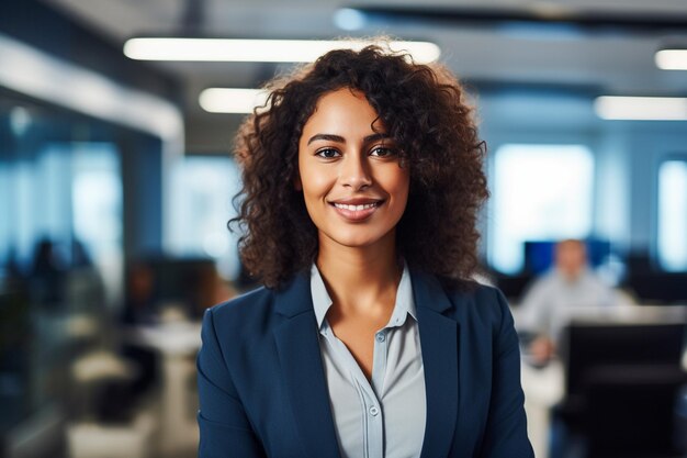 Foto einer schönen, glücklichen Frau, die im Büro sitzt und in die Kamera schaut