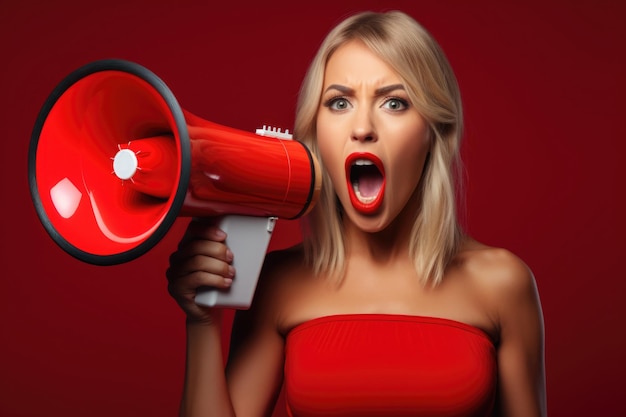 Foto einer schreienden Ankündigung eines Mädchens im Megafon auf rotem Hintergrund