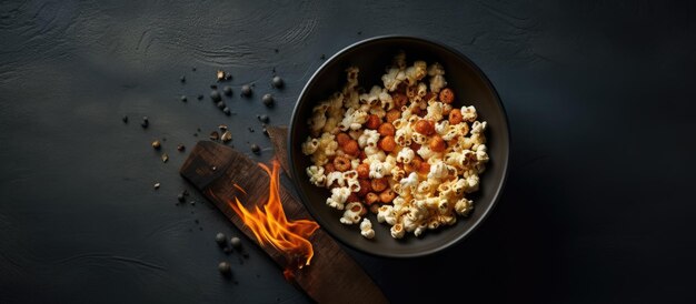 Foto einer Schüssel mit Popcorn auf einem Tisch mit viel Platz für Ihre eigene Nachricht oder Ihr eigenes Design