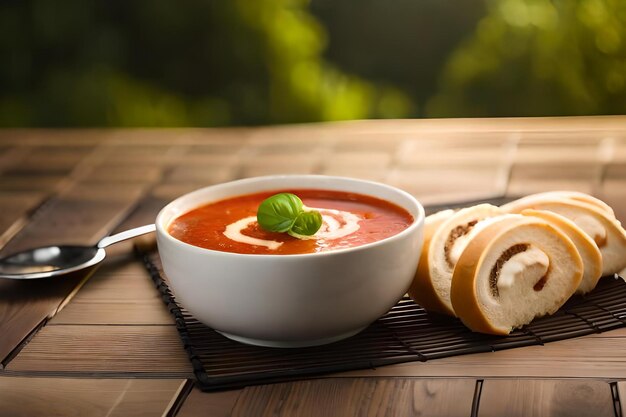 Foto einer Schüssel Tomatensuppe mit einer Rolle auf der Seite