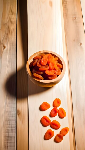 Foto einer Schüssel voller leuchtend orangefarbener getrockneter Aprikosen auf einem leichten Holztisch