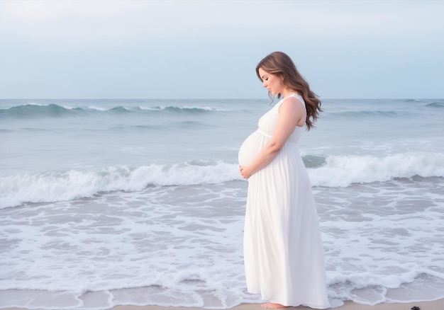 Foto einer schwangeren Frau am Strand, die ihren Bauch berührt