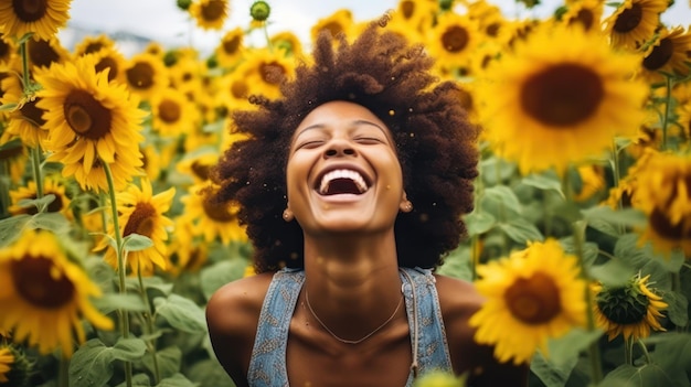 Foto einer schwarzen Frau im Sonnenblumenfeld