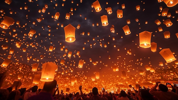 Foto einer schwebenden Laterne am Himmel beim Yee Peng-Fest