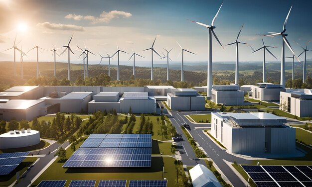 Foto einer Stadtsilhouette mit in Gebäude integrierten Windkraftanlagen und Sonnenkollektoren