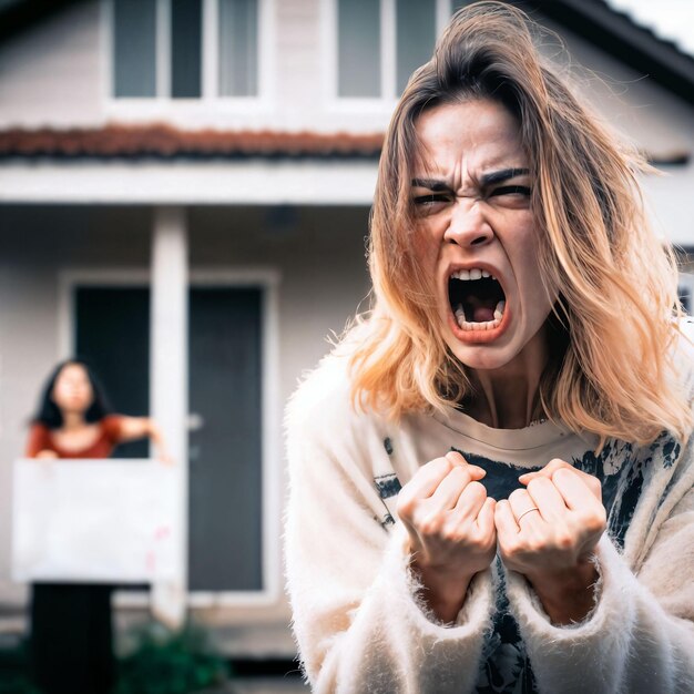 Foto foto einer stressigen, unglücklichen frau, die vor dem haus schreit.