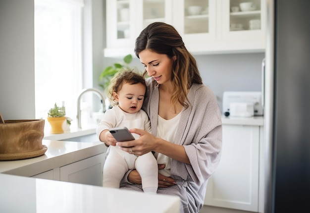 Foto einer süßen Aufnahme eines Babys und einer Mutter, die gemeinsam ein Selfie machen und ihr Mobiltelefon mit dem Baby benutzen