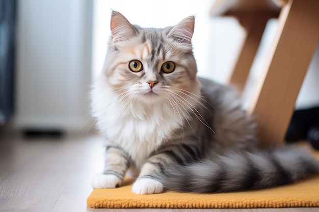 Foto einer süßen Katze in der Nähe der Katzentoilette im Zimmer