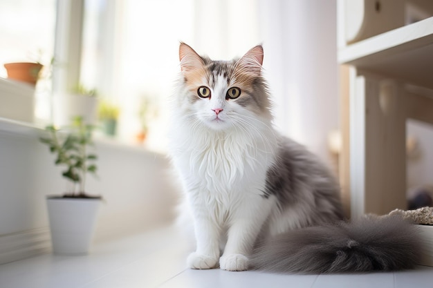 Foto einer süßen Katze in der Nähe der Katzentoilette im Zimmer