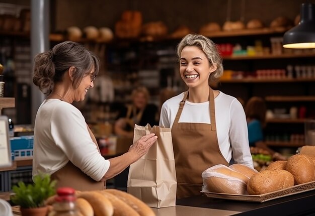 Foto einer süßen Supermarktkassiererin mit süßem Lächeln, die den Kunden hilft